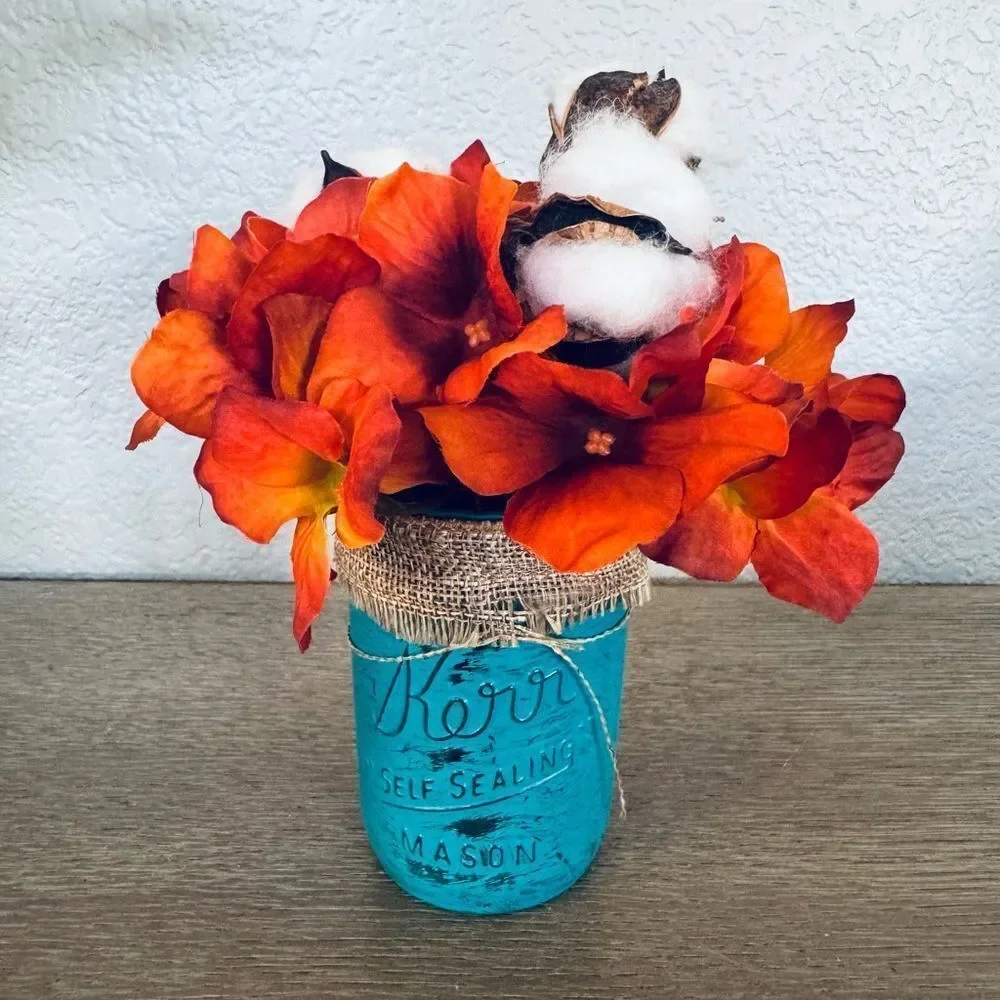 Fall Farmhouse Turquoise Mason Jar Vase Hydrangea Cotton Floral Arrangement